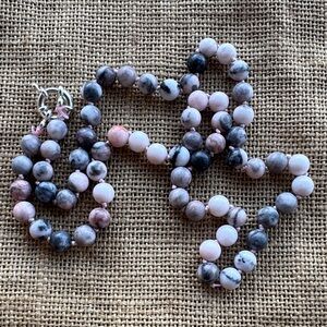 Matte pink & Gray zebra jasper Stone
Beaded Necklace New Long Knotted